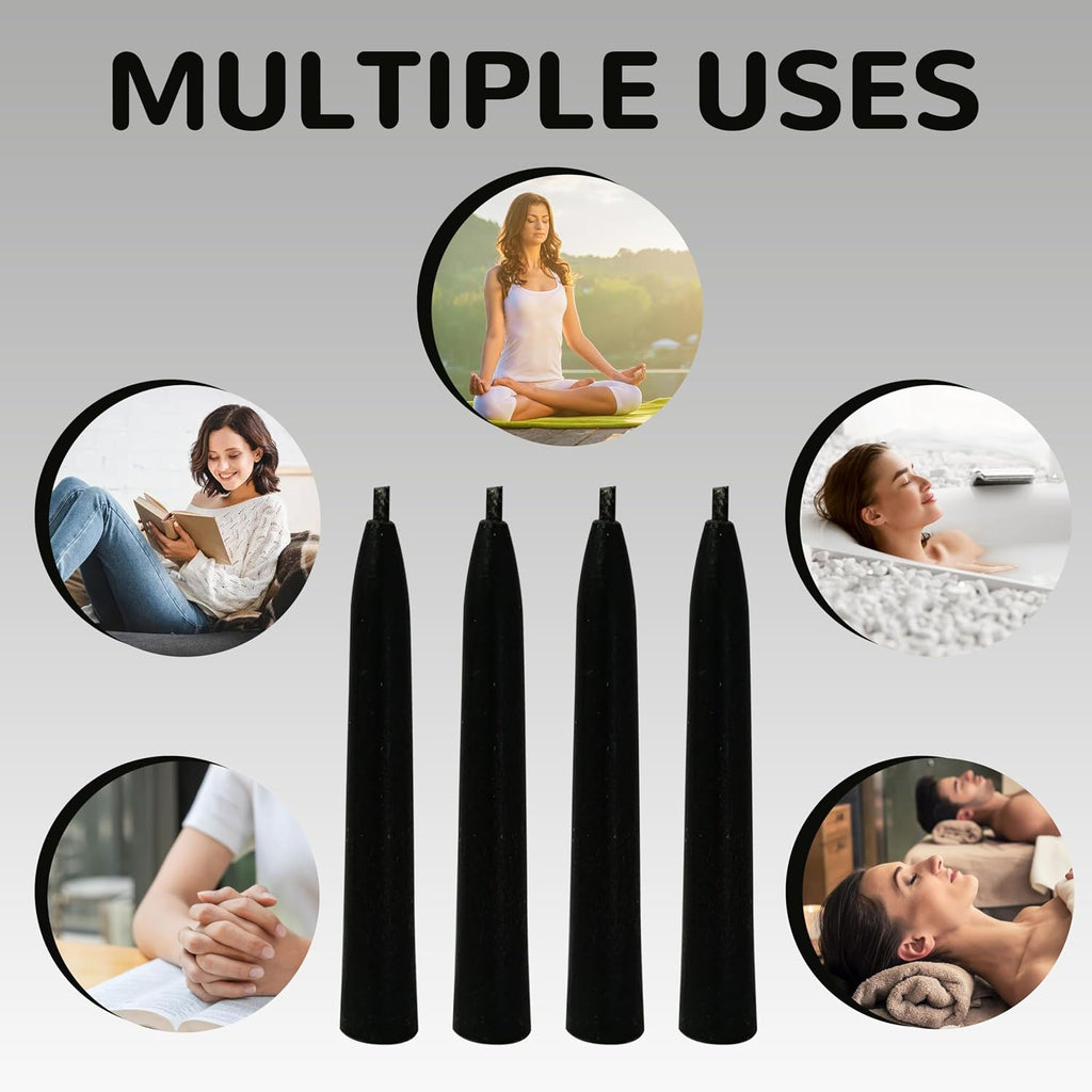 20 Min Black Meditation Candles – 30 Pack, Includes Mini Candle Holder & 12 Wax Dots, Slow Burn, Natural Unscented, for Halloween Yoga Prayer Mindfulness & Relaxation