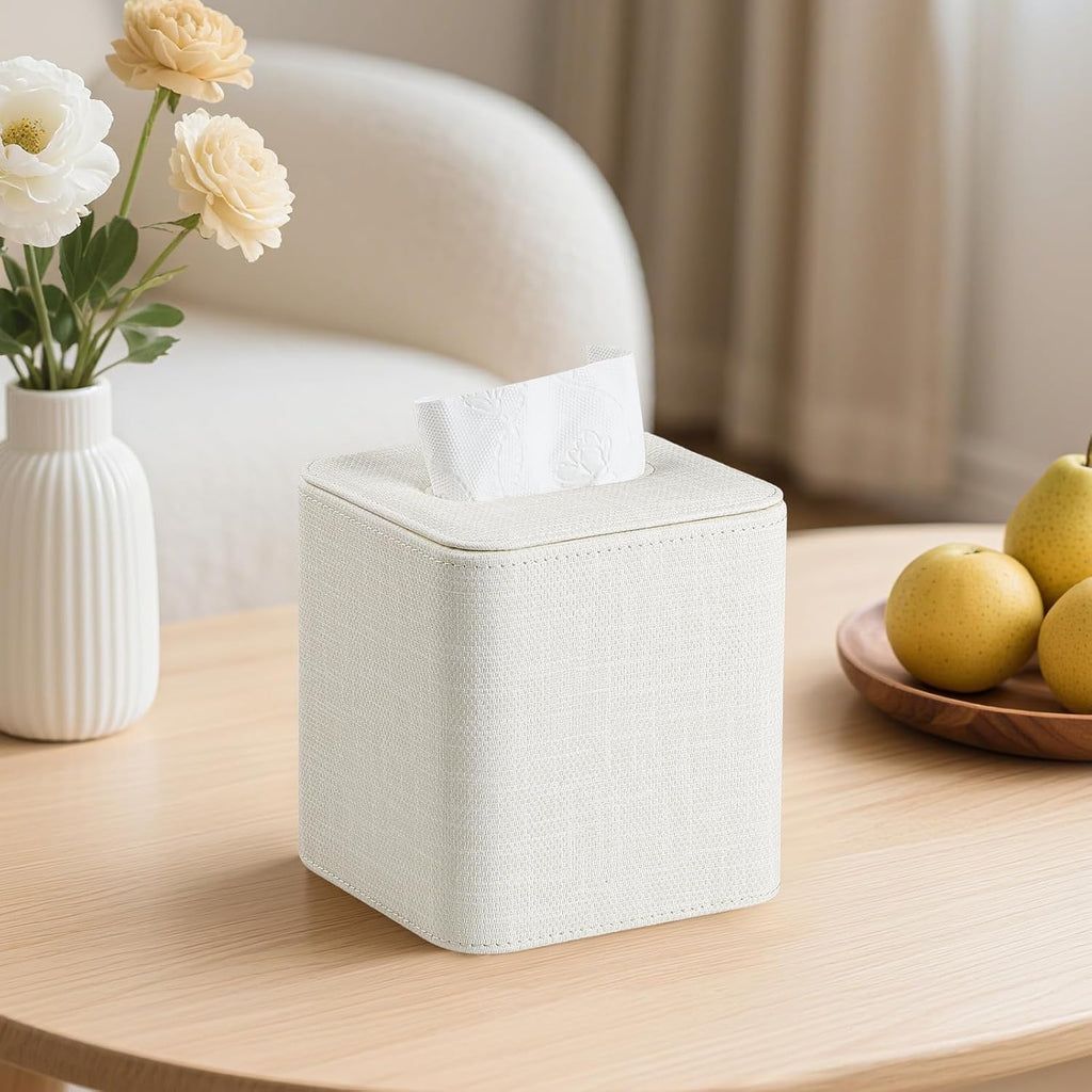 Square Tissue Box Cover PU Leather Tissue Box Holder Cube (Cream)