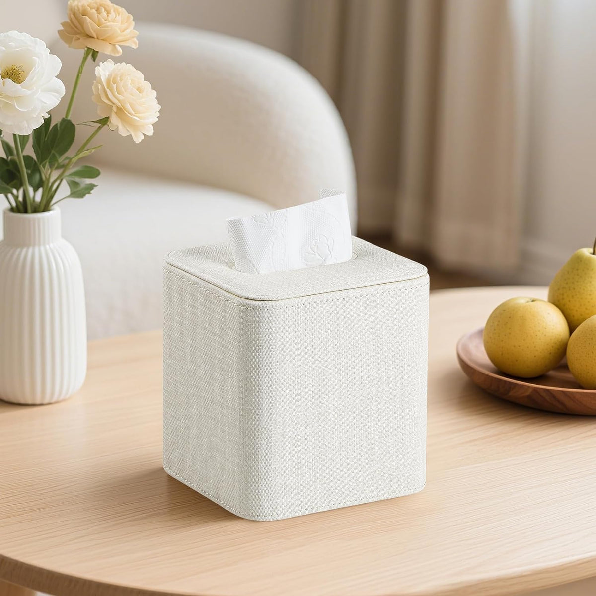 Square Tissue Box Cover PU Leather Tissue Box Holder Cube (Cream)