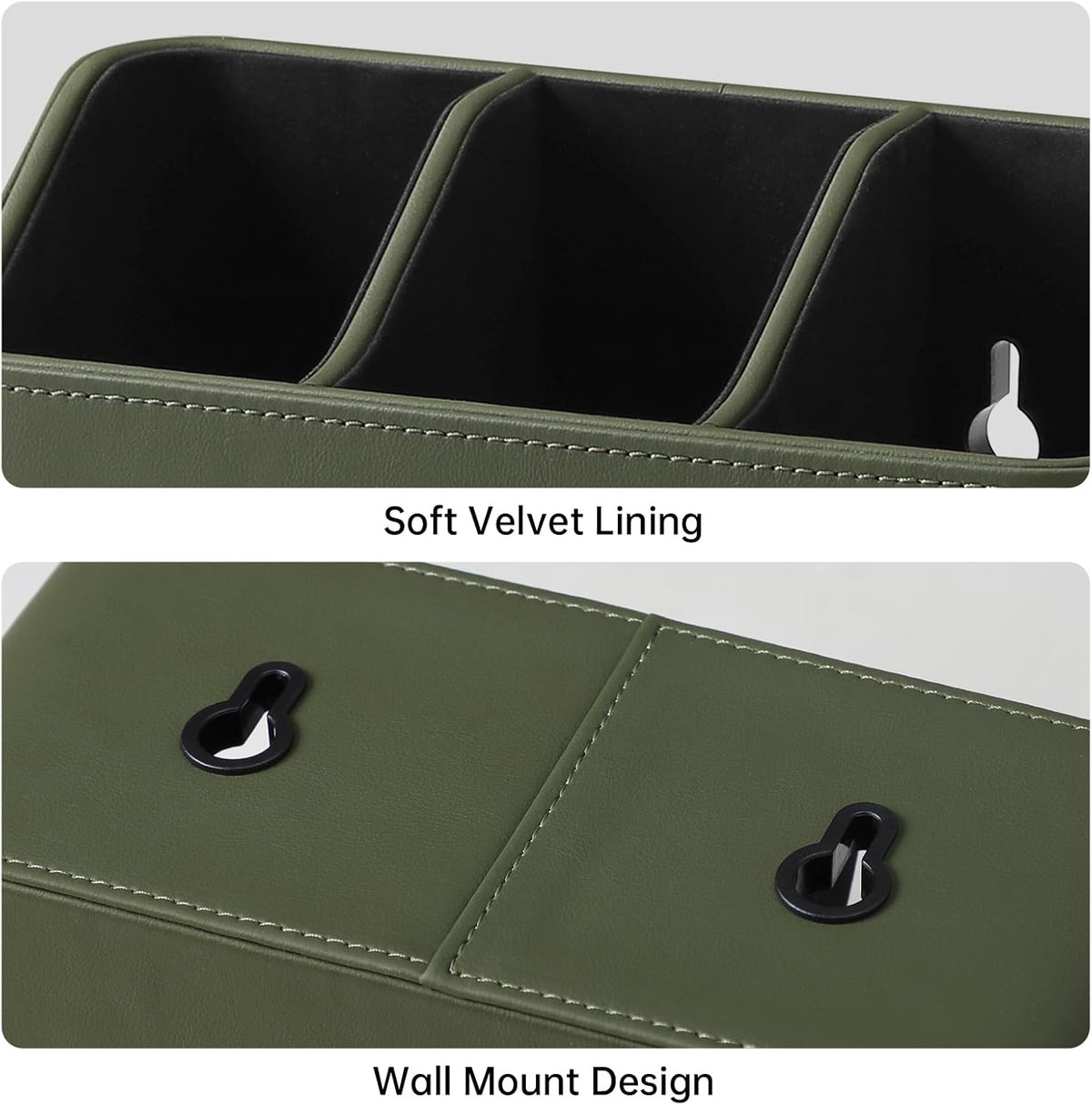 Hole-Free Wall-Mounted PU Leather Remote Control Holder, 3-Compartment Desktop Organizer, Perfect for Living Room, Bedroom, TV Side, Bathroom and More (Green)