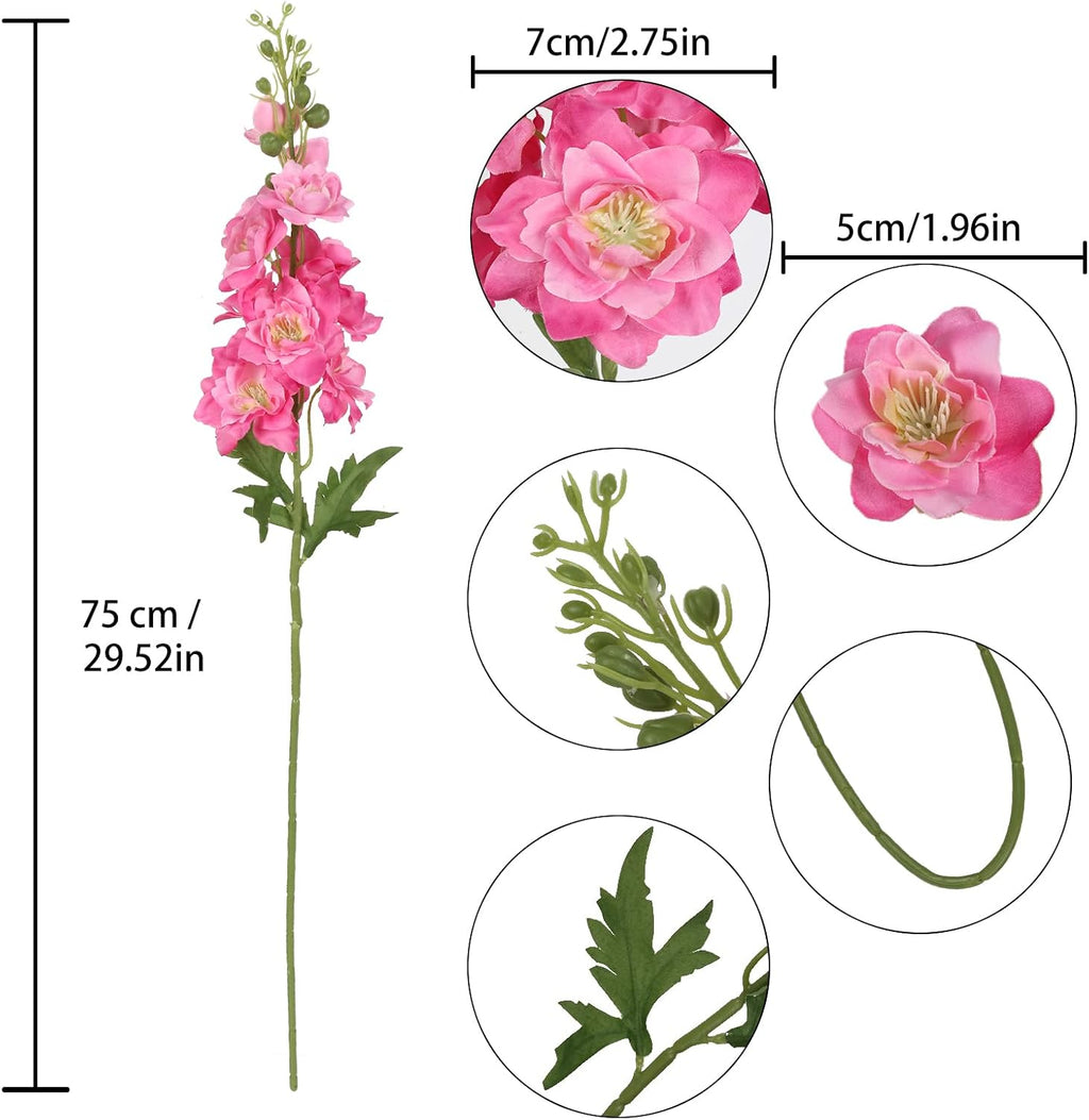 6pcs Silk Delphinium Artificial Flowers Hot Pink Fake Larkspur Artificial Flowers 29.52" Long Stem Fake Flowers Bulk for Tall Vase Wedding Floral Arrangements Home Table Decor(Hot Pink)