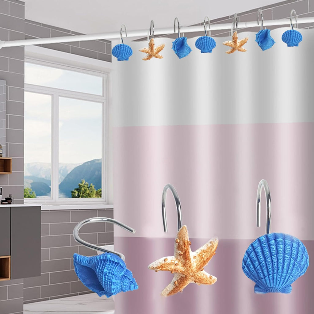 12PC Coastal Blue Shower Curtain Hooks Rings with Starfish Seashell