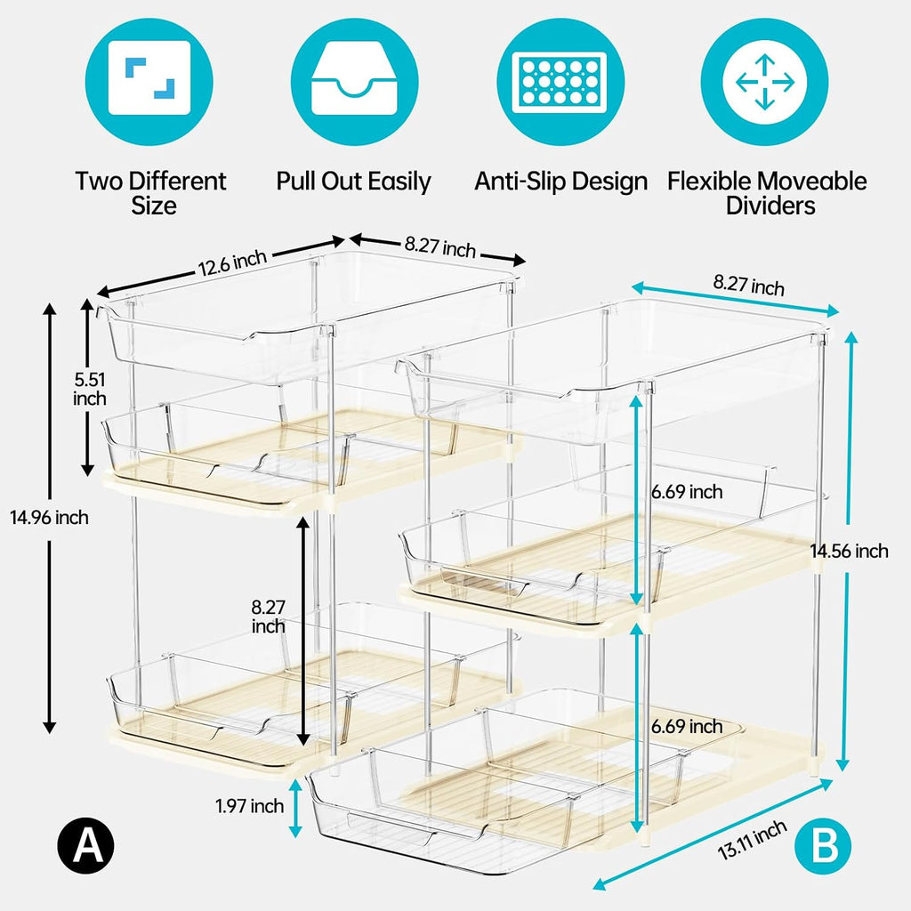 Delamu 2 Pack 3-Tier Bathroom Under Sink Organizers and Storage, Multi-Purpose Stackable Pantry Organization and Storage, Pull Out Clear Kitchen Bathroom Cabinet Organizer with Movable Dividers, Beige