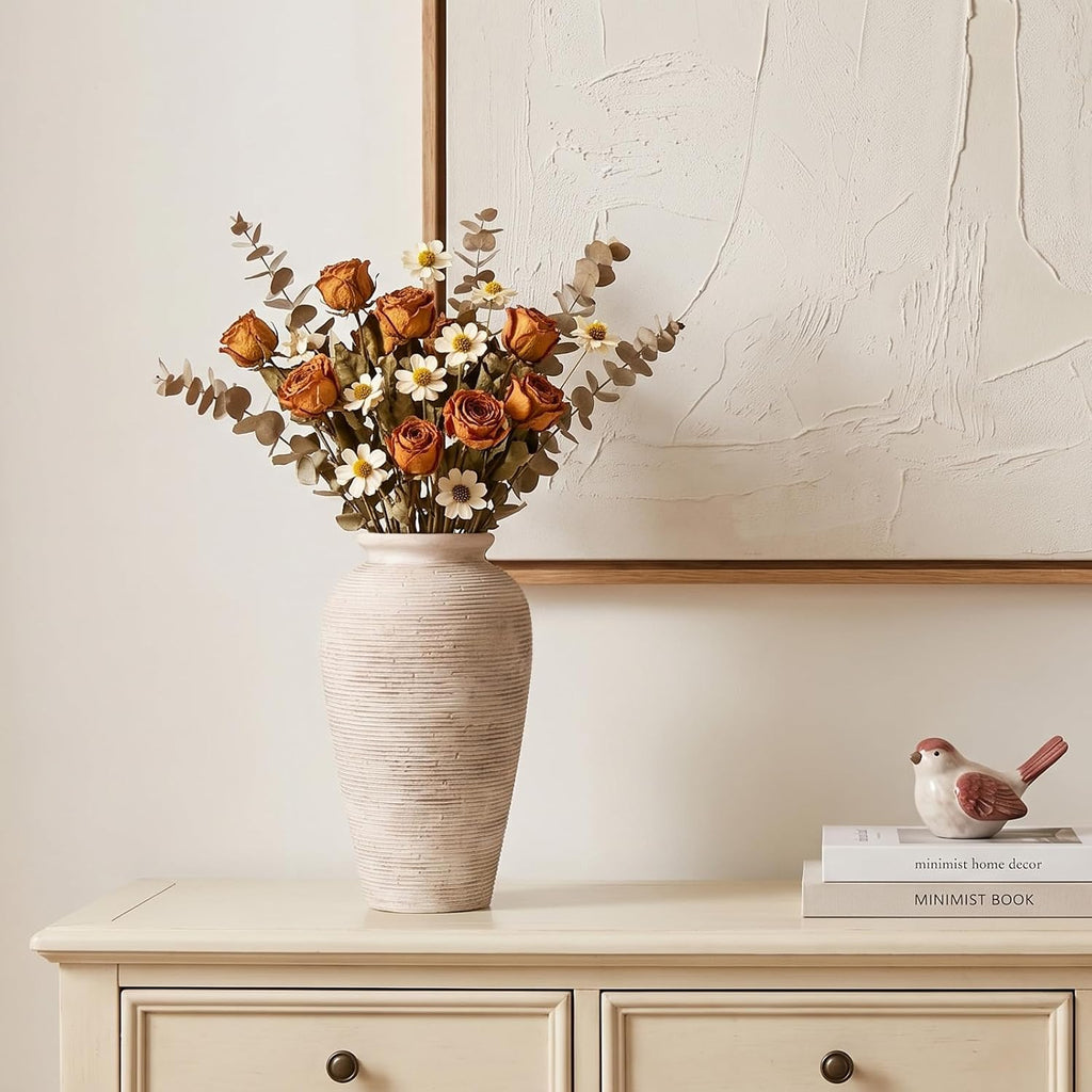 11.02 Inch Tall Vintage White Ceramic Flower Vase, Rustic Farmhouse Beige Stone Texture Vase for Home Decor, Decorative Terracotta Vase for Table Centerpiece Living Room Bathroom (Rustic-11.02'')