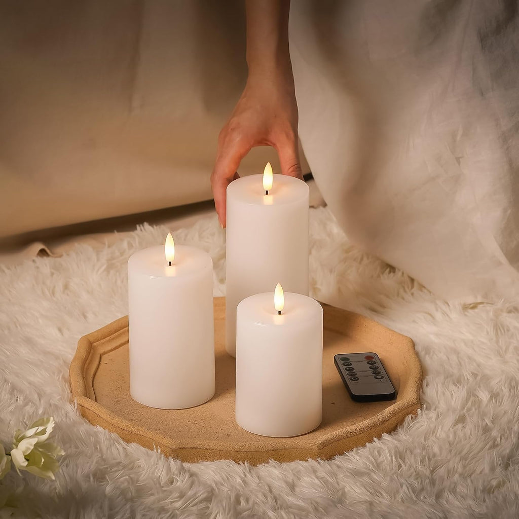 Stmarry White Flameless Candles with Remote and Timer, Real Wax Made LED Pillar Candles Battery Operated with 3D Flickering Flame - 3" x 4", 3" x 5", 3" x 6" - Set of 3