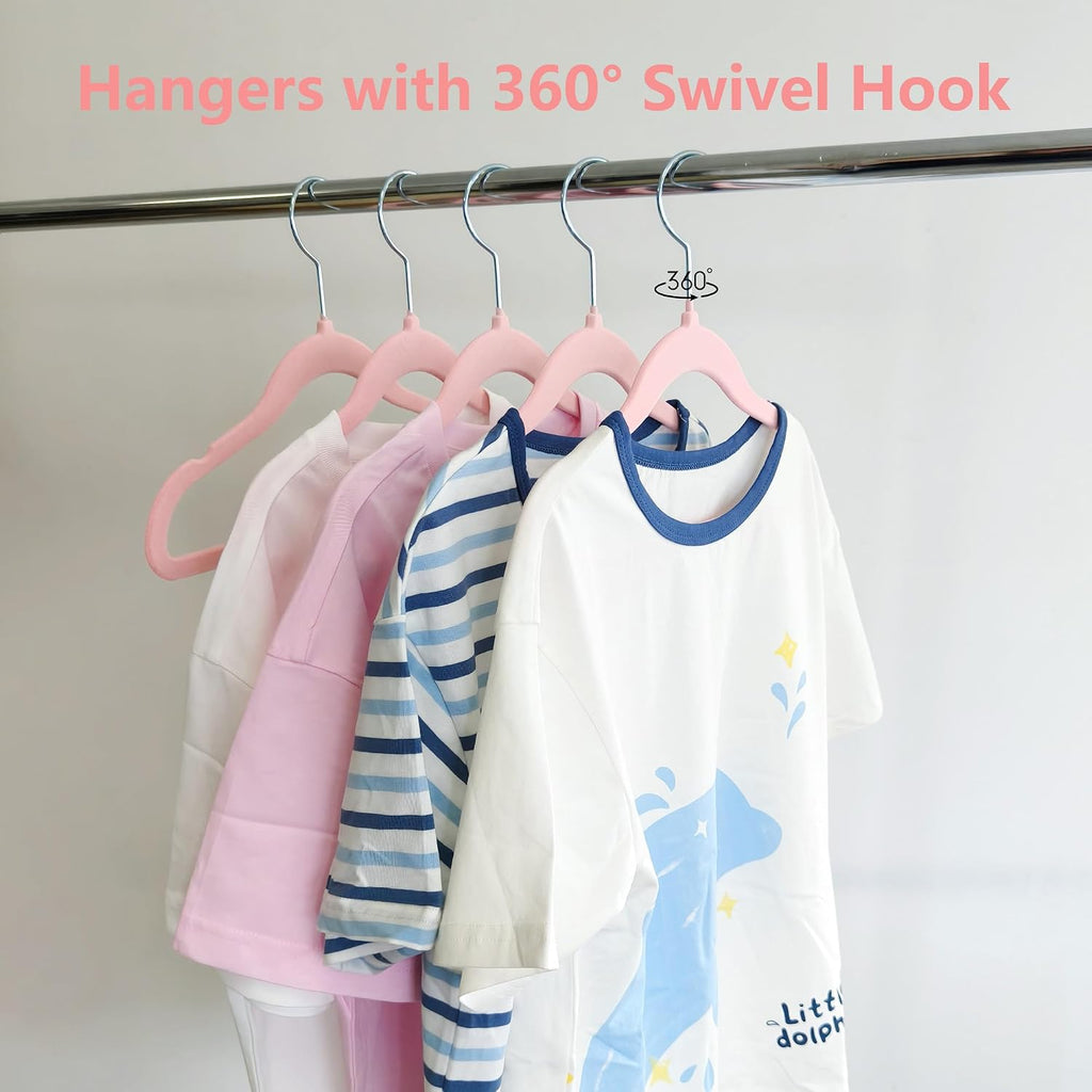 60 Pack Pink Velvet Kids Clothes Hangers - 11.6in for Ages 4-10,with 360° Swivel Hook, Non-Slip, Space-Saving Slim Felt Hangers for Kids Coats, Jackets, Dresses,Shirts, Suits & T-Shirts