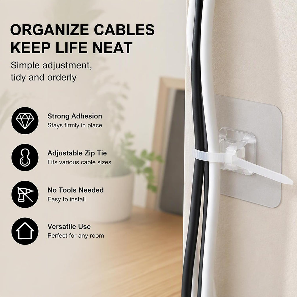 Cable Management Kit - Cable Storage Box - Adhesive Clips - Tie Mounts