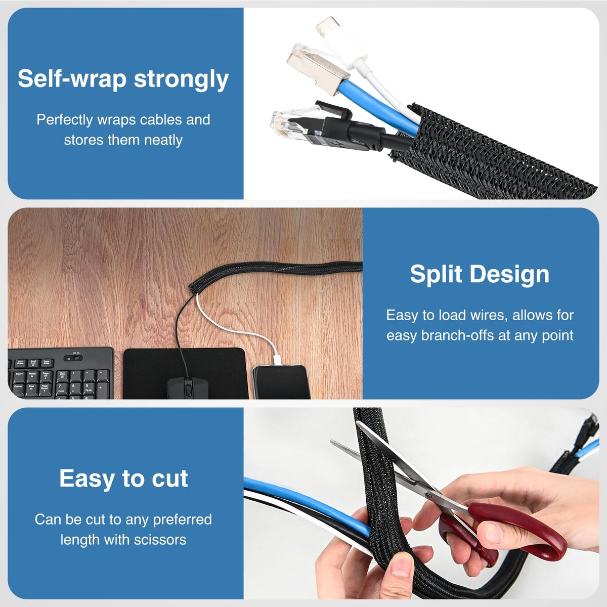 Nilight Cable Sleeve, 25ft-1/2inch Cord Management Sleeves Black Wire Loom