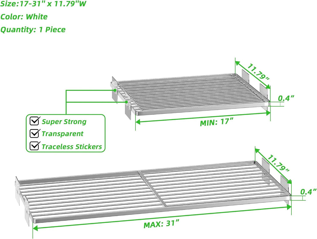 SANNO Tension Shelf Organizer for Closet, Adjustable 17-31" with Heavy-Duty Adhesive - DIY Expandable Shelf Dividers for Cabinet, Pantry, Wardrobe, Kitchen, 1 Pack