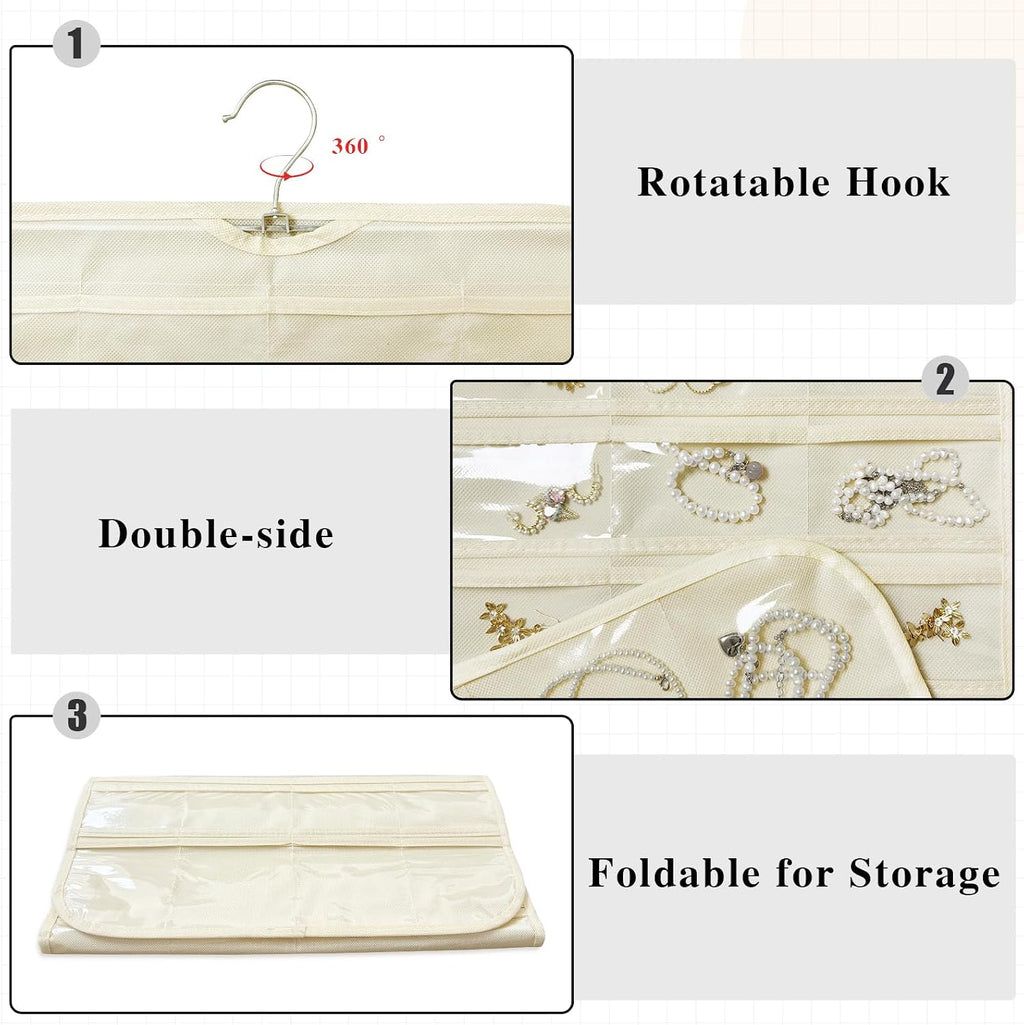 Hanging Jewelry Organizer 80-Pocket Double-Sided Storage, 2-Pack, Beige