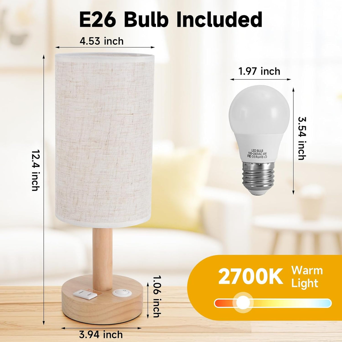 Small Bedside Table Lamp with AC Outlet,Natural Round Wood Base&Fabric Linen Shade,Cozy Night Table Light for Study Reading,Minimalist Boho Desk Lamp for Nightstand,Living Room,Nursery,Kitchen,Dorm