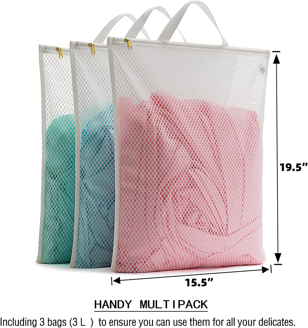 Tenrai Laundry Bag Mesh Wash Bag，Use YKK Zipper，Tote Bag Bathroom Hanging, Bra Fine Mesh Wash Bag for Underwear 3 Bags（3L Cellular Mesh）