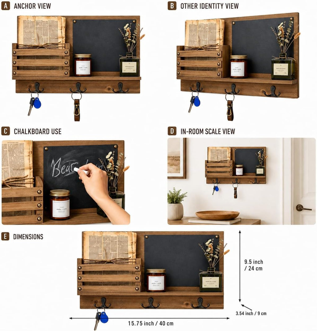 Key Holder for Wall, Mail Organizer Wall Mount, Chalkboard & 3 Double Hooks
