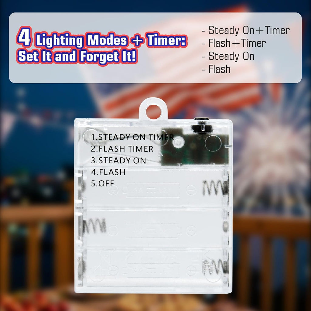 cshare Red White and Blue Fairy Lights Battery Operated, 4th of July Lights with Timer 16.4ft 50LED for 4th of July Independence Day Memorial Day Decorations