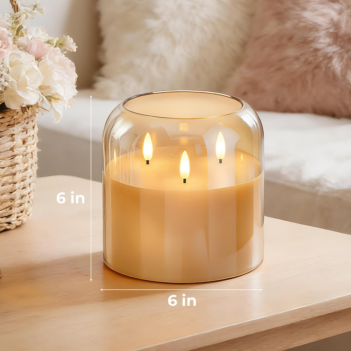 3 Wick Flameless Candle with Remote, Gold Glass, Wax, Battery Operated LED