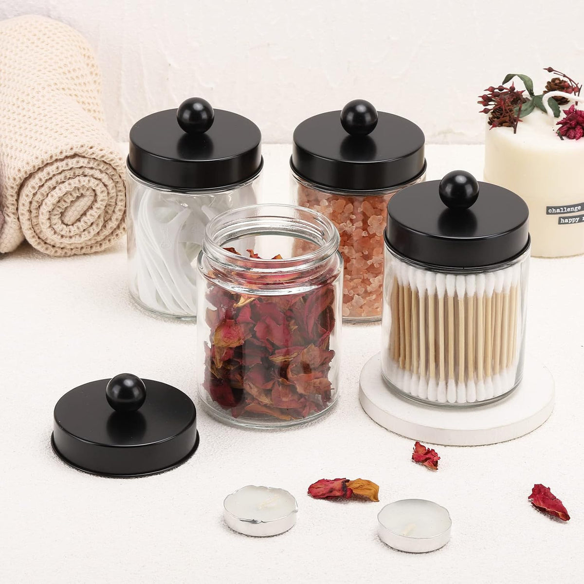 Tbestmax Glass Qtip Holder Dispenser, 10-Ounce Bathroom Containers Apothecary Jars with Metal Lids for Cotton Ball Swab Pad, Black (4 Pack)