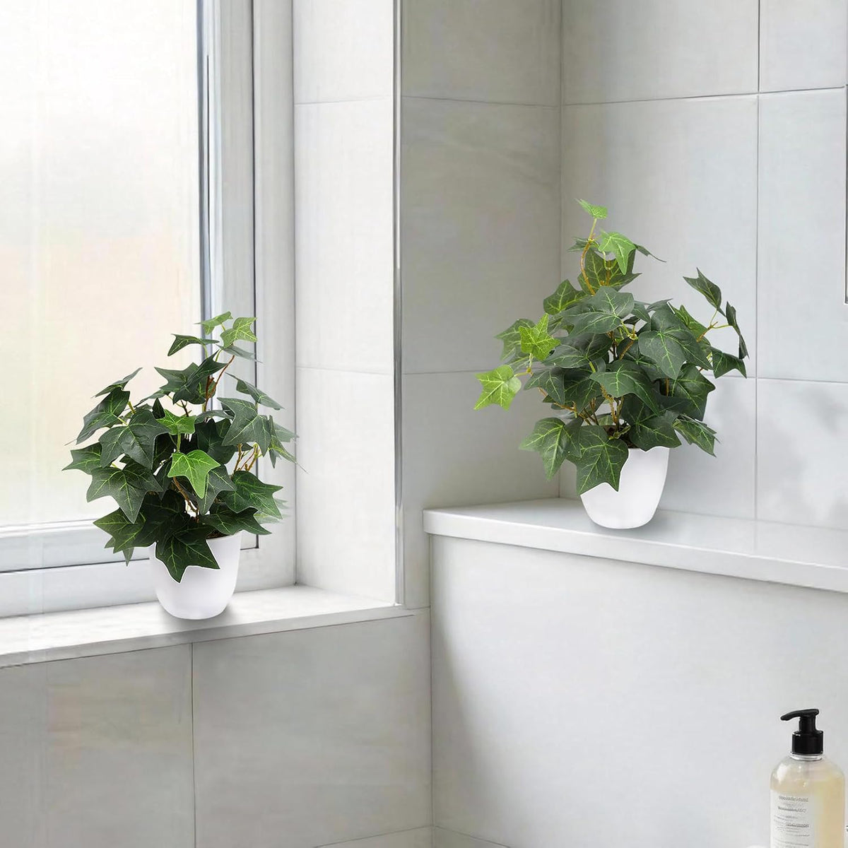 alyptus Fake English Ivy Plants in Pots Set of 2 – Realistic Artificial Ivy Greenery for Home Decor, Tabletop, Office, Shelf, Balcony or Bathroom - Green with White Pots