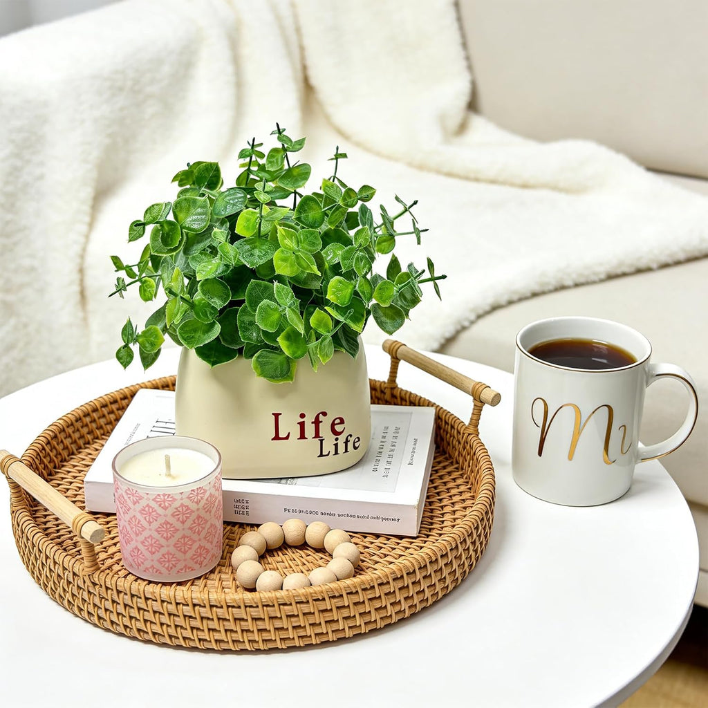 Small Fake Plant in Pot, 7" Artificial Plant Indoor, Fake Eucalyptus Stems with Ceramic Vase, Faux Greenery Eucalyptus Bathroom Decor for House Office Desk