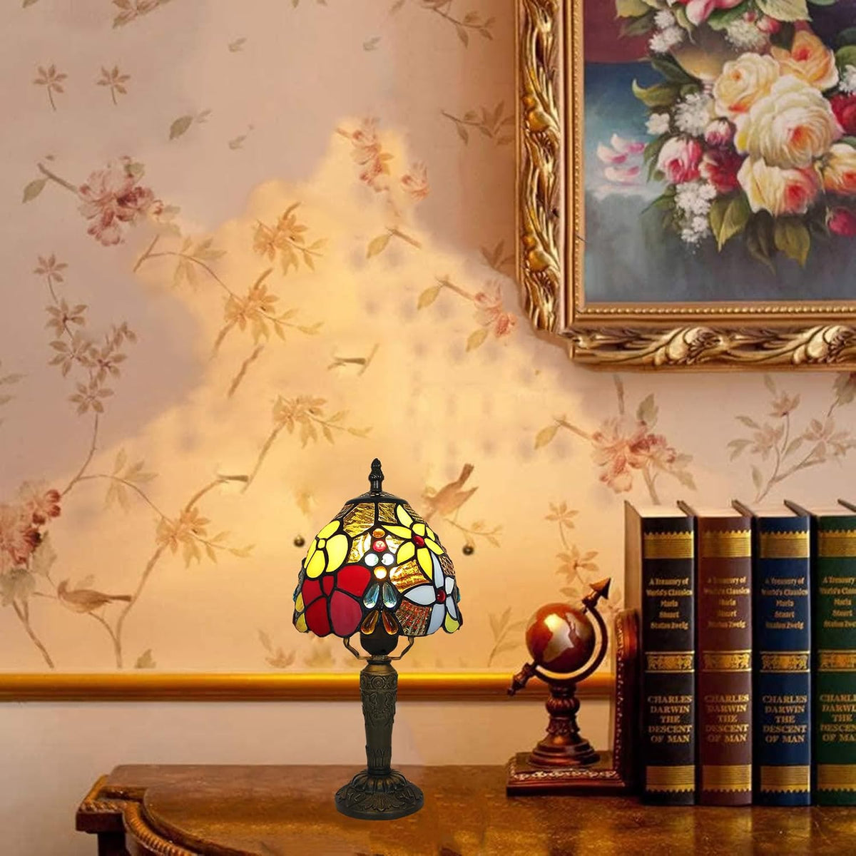 Tiffany Style Small Table Lamp,Rose Flower Stained Glass 3 Color Temperature Antique Table Lamps,Bedside Nightstand Lamp for Bedroom,Living Room,Home Office+LED Bulb,6X6X12.5Inch