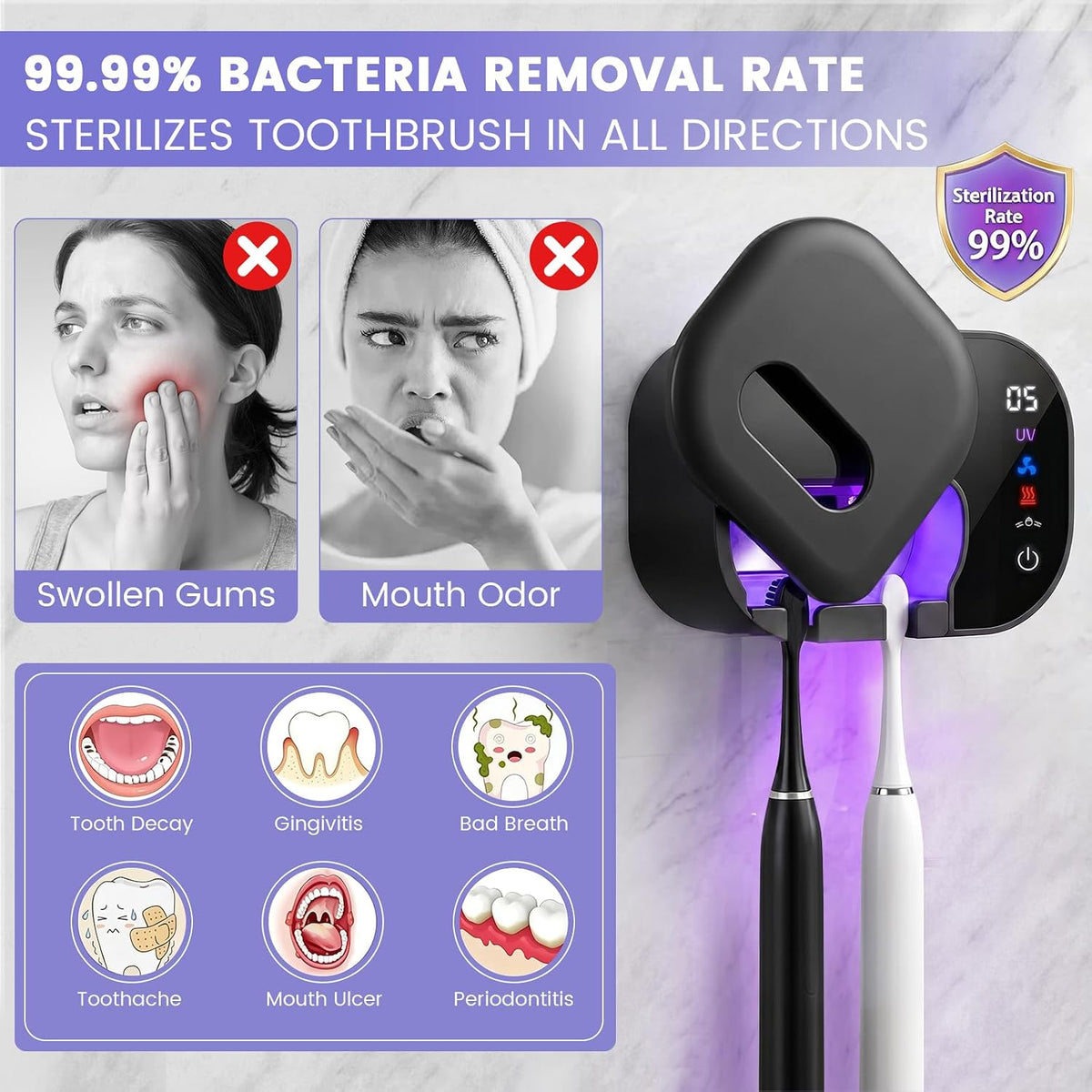 Toothbrush Holder for Bathroom, Infrared Sensing Toothbrush Cleaner with 2 Slots for Most Toothbrush Sizes, Wall Mounted Tooth Brush Holder with LED Smart Display & Hot Air Drying for Travel (Black)