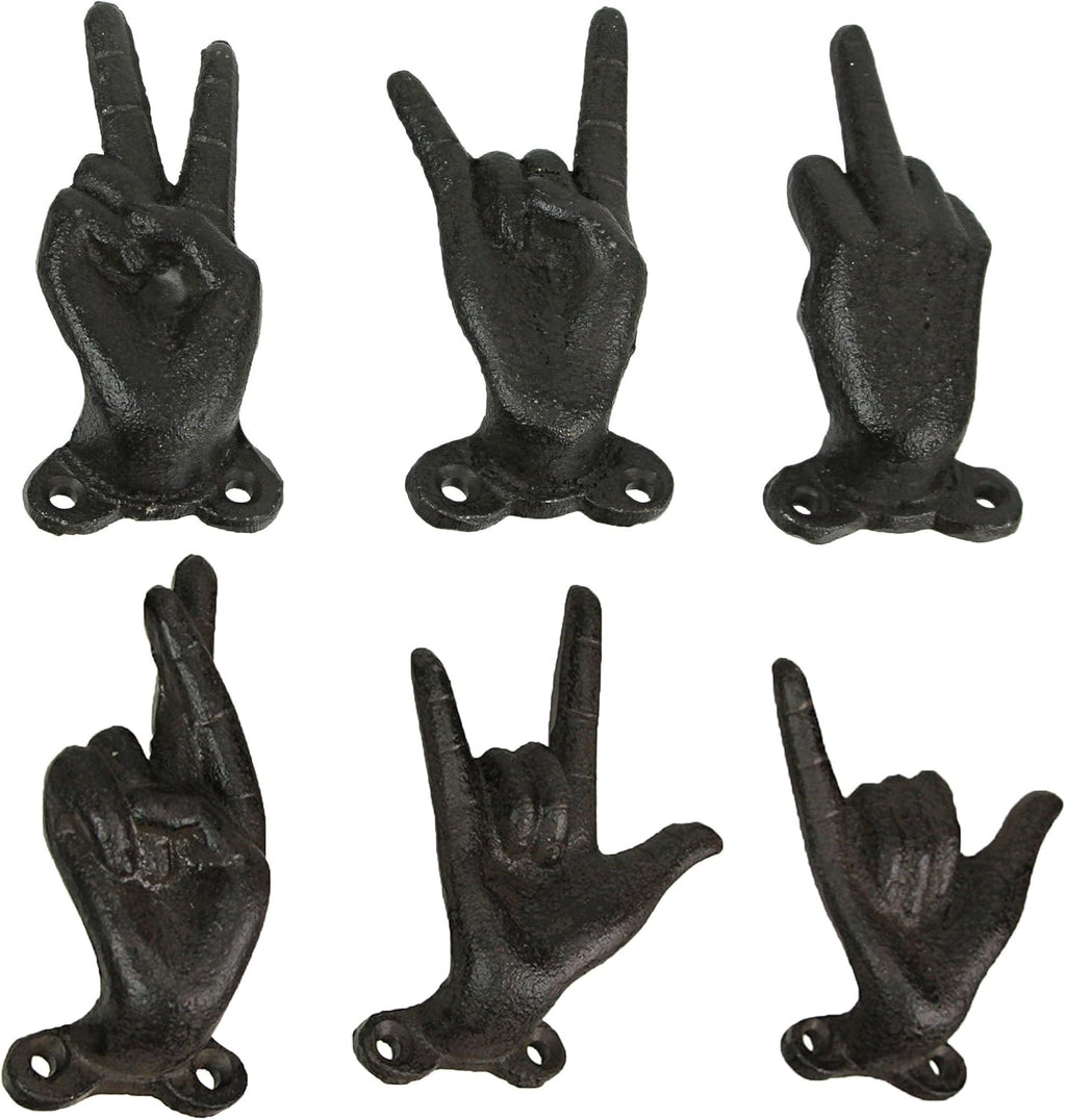 Zeckos Set of 6 Hand Gesture Wall Hooks, Black Distressed Cast Iron, 4 Inch