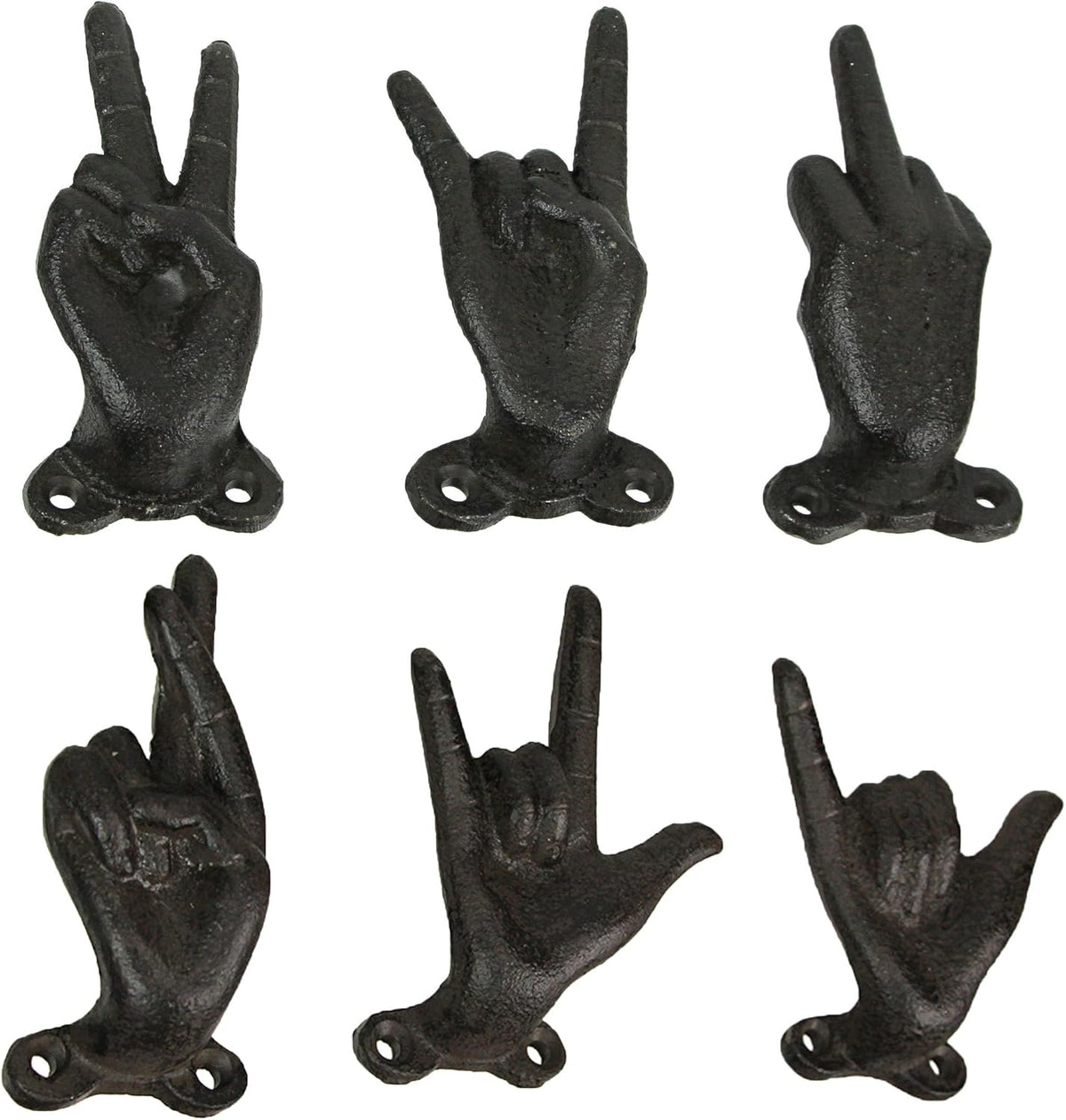 Zeckos Set of 6 Hand Gesture Wall Hooks, Black Distressed Cast Iron, 4 Inch