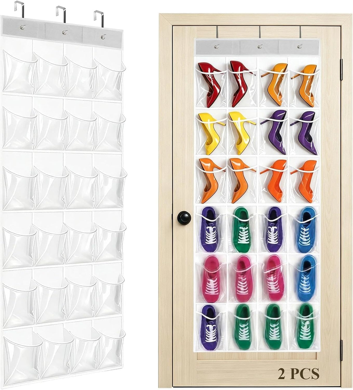 2 Pcs Over the Door Shoe Organizer with Clear 24 Pockets, Hanging Shoe Organizer with 3 Metal Hooks, Space Saving Shoe Holder Rack for Closet Dorm Bedroom Entryway Bathroom Storage, White