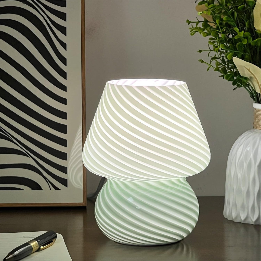jonong Bedside Lamp Glass Striped Mushroom Table Lamp with 3 Color Modes LED Small Decorative Table Lamp for Gift Present,Suit for Bedroom, Living Room, Home Decor, Baby, Kids, Women (Green)