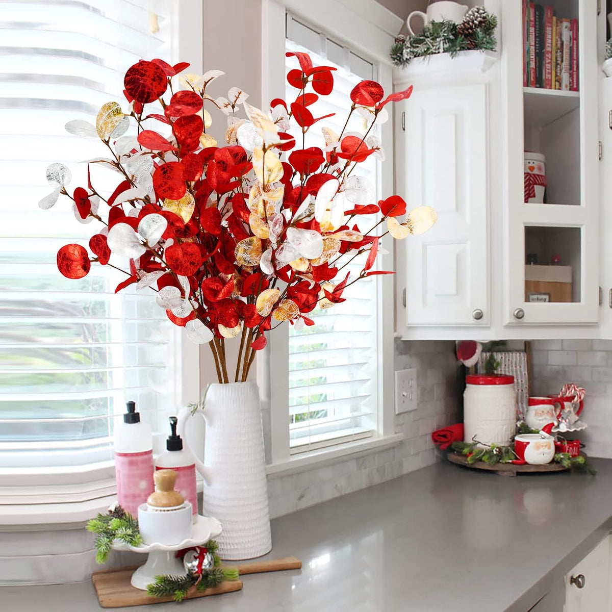 Agusbagli 6 Pcs Artificial Eucalyptus Leaves, 28'' Christmas Stems for Vase