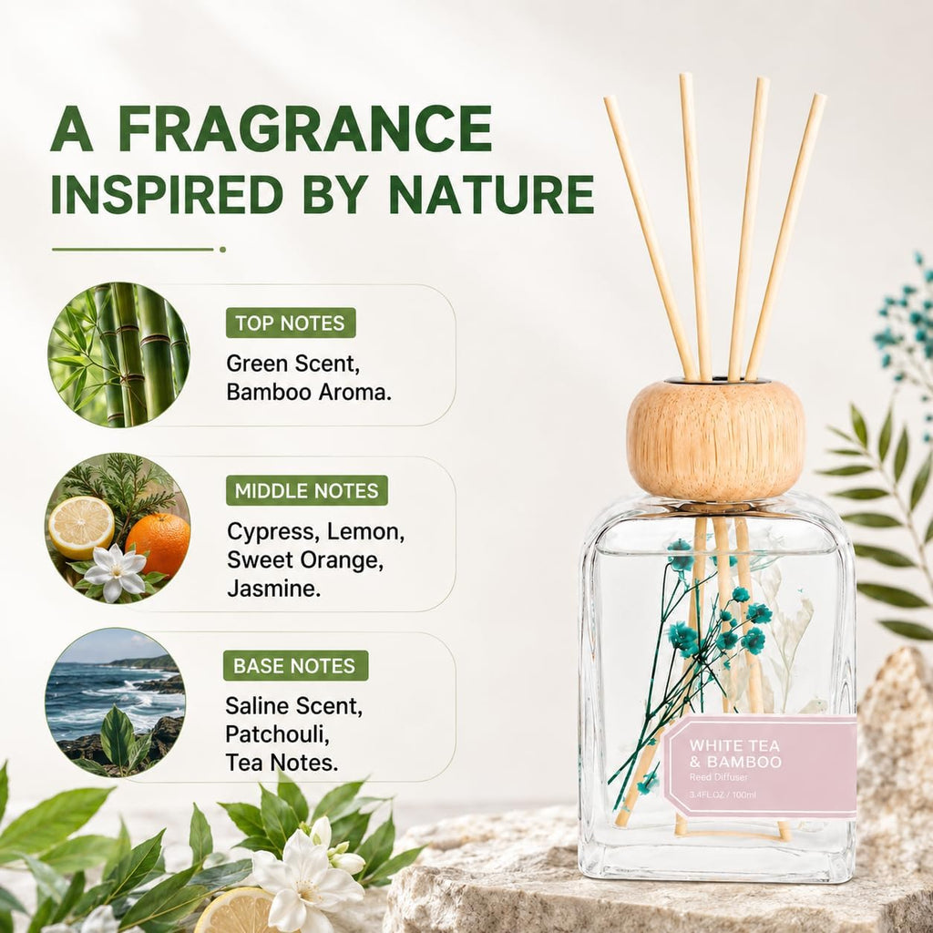 Bamboo White Tea Reed Diffuser, 3.4fl oz Reed Diffuser for Home