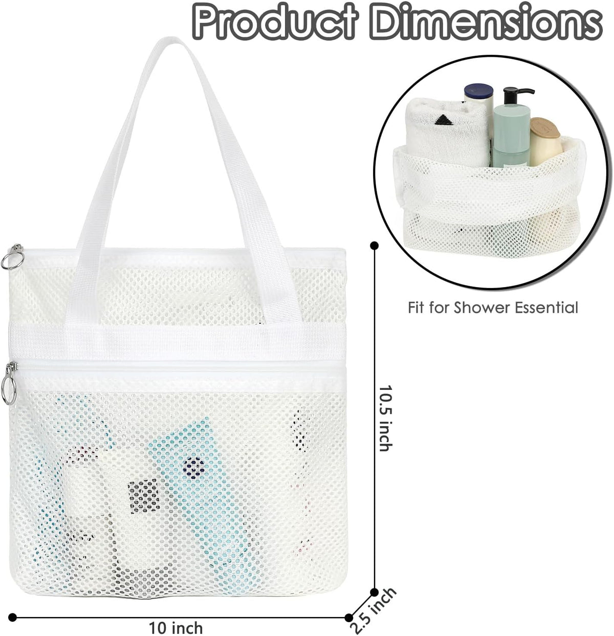 GYEUKHAM Portable Mesh Shower Caddy with 2 Zipper Pockets & Dual Handles, Quick-Drying Hanging Shower Tote for College Dorm, Gym, Travel & Camping, White