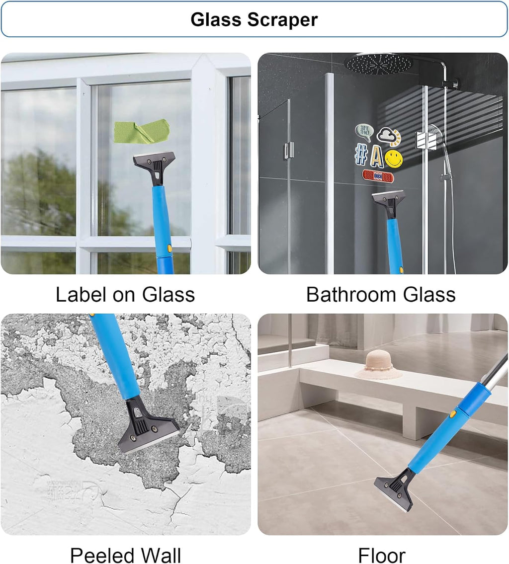 Window Squeegee Cleaner with 4 Stainless Steel Extension Poles, 58inch Long Reach, Scrubber, Glass Scraper, Bendable Duster, 2 Scrubber Cloth for Window, Car, Professional Cleaning Kit