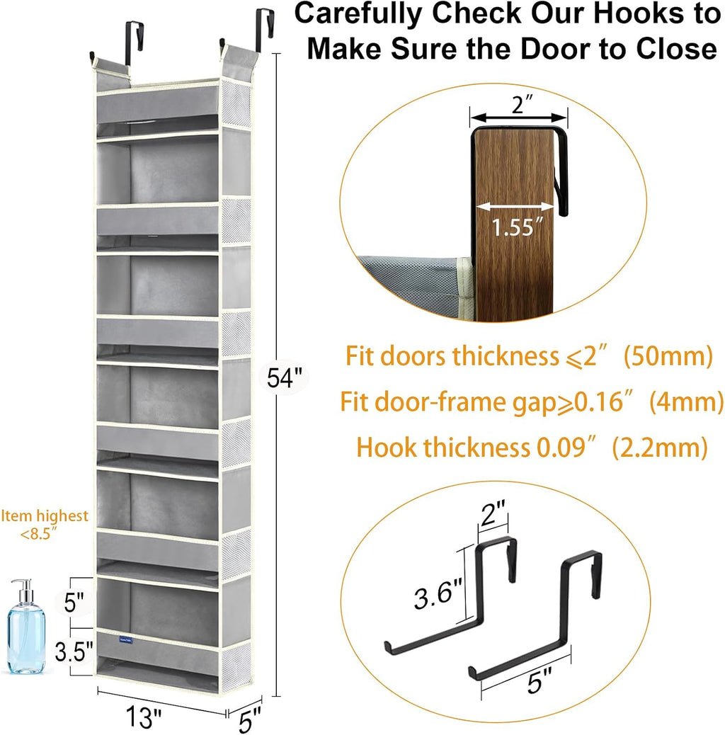 Over The Door Organizer 6-Shelves and 12 Side Pockets, Over The Door Storage for Bathroom Bedroom Nursery, Hanging Door Organizers for Baby Diapers and Kids Toys (13"x5"x54", Grey)