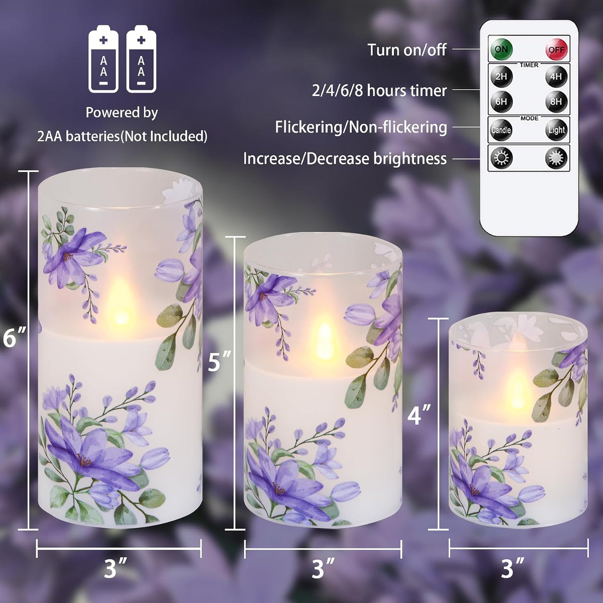 Flameless Flickering Glass Candles with Remote and Timer,Purple Flowers LED Battery Operated Real Wax Set of 3 Realistic Wick Electric Pillar Candles,Warm Fire(3 x 4, 5, 6 Inches)