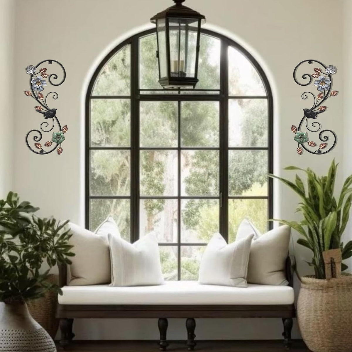 Birminwind 3D Metal Flower Wall Art: 2pcs Vintage Floral Wall Décor with Leaves Bird for Room, 15.16"