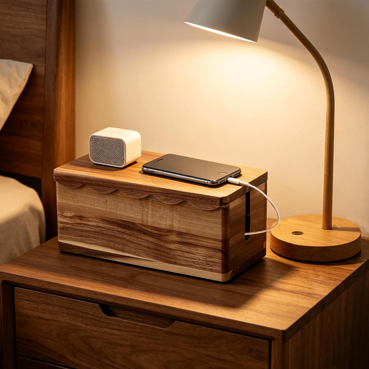 Large Cable Management Box Scalloped Edge, Acacia Wood Cable Organizer Box & Power Strip Box for Electrical Cord Management, Hide Desk Cord and Floor Cables, Wire Storage and Organization for Cords