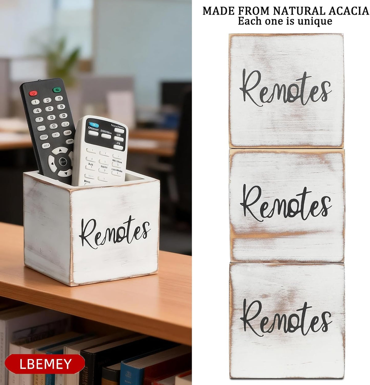 LBEMEY Wood Remote Control Holder, TV Remote Control Organizer for Home Bedroom Table, Multi-Purpose Desktop Storage (Retro White, S,for 2 or 3 Remote Controls)