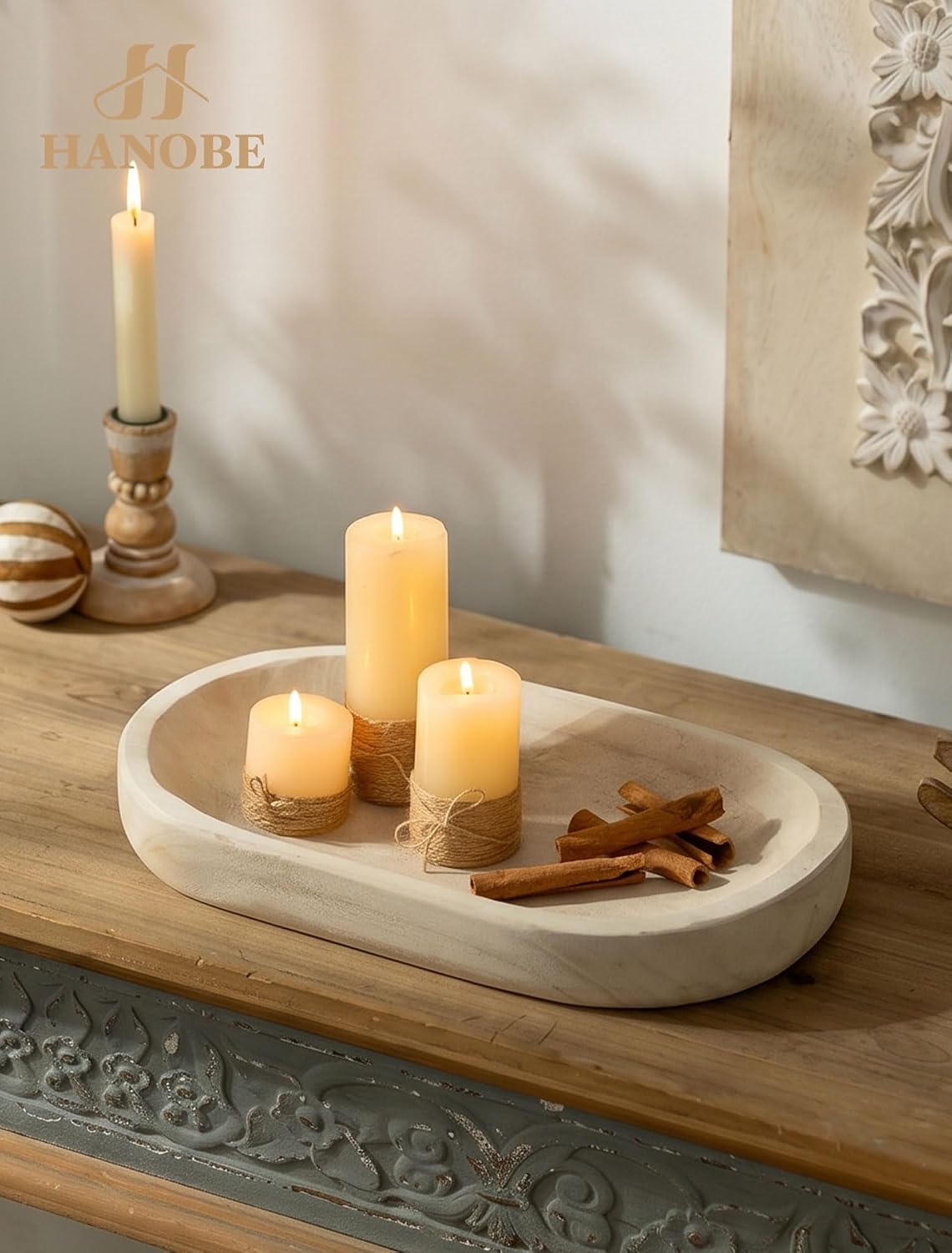 Hanobe Wooden Decorative Key Bowl for Coffee Table Decor, Rustic White