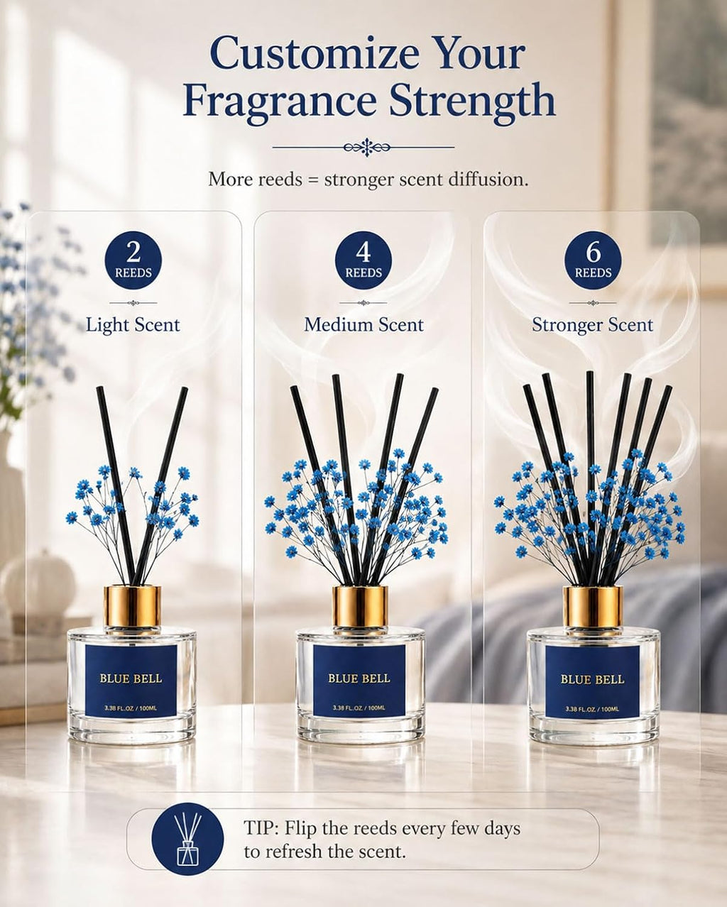 Reed Diffuser Set, Blue Bell, 3.38 fl oz with 6 Sticks