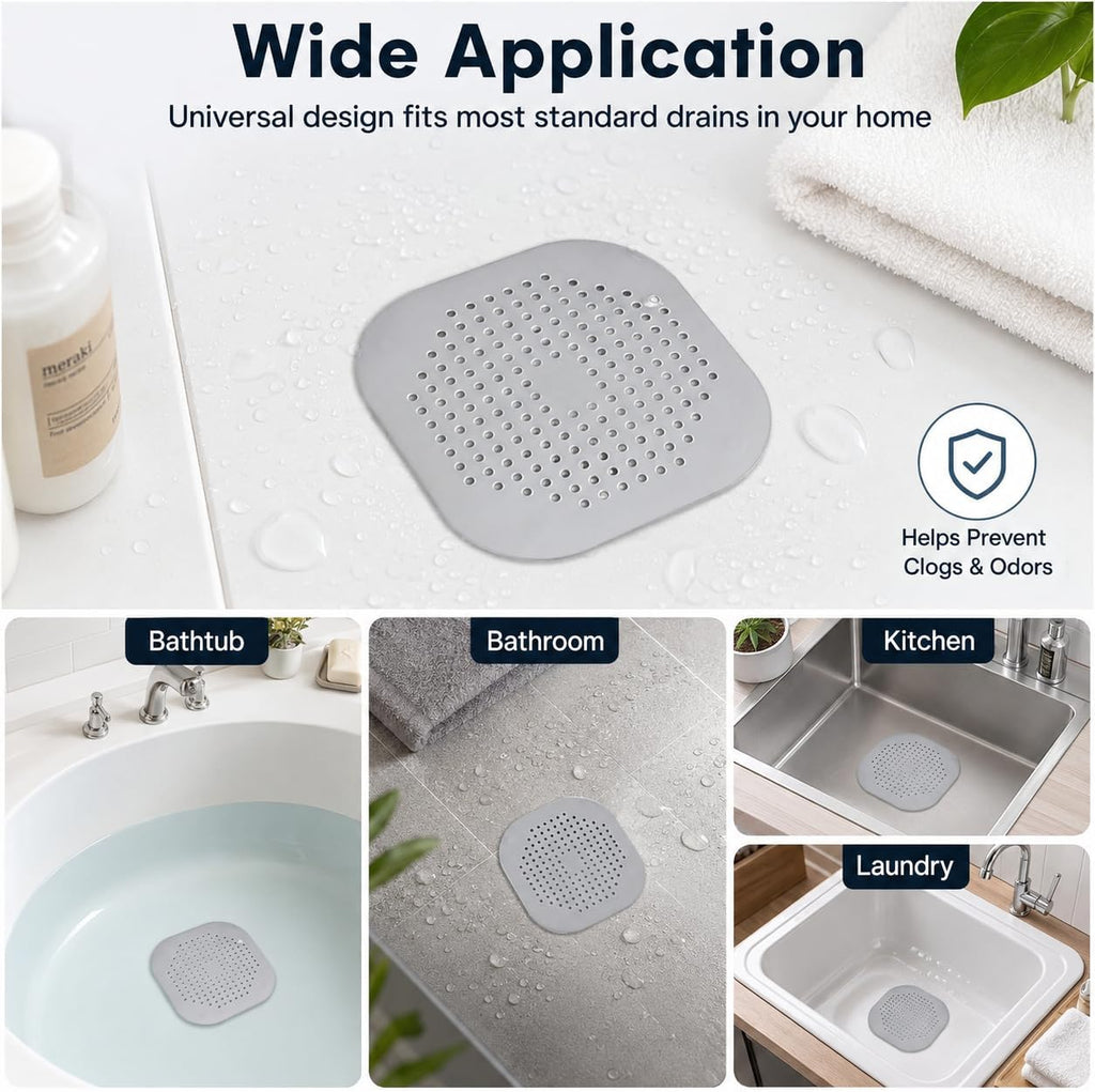 Hair Drain Catcher Set, Square Shower Cover 4-Pack (Grey) | Silicone Hair Stopper with Strong Suction Cups, Bathroom and Sink Protector Accessories, Simple Installation for Tub and Basin