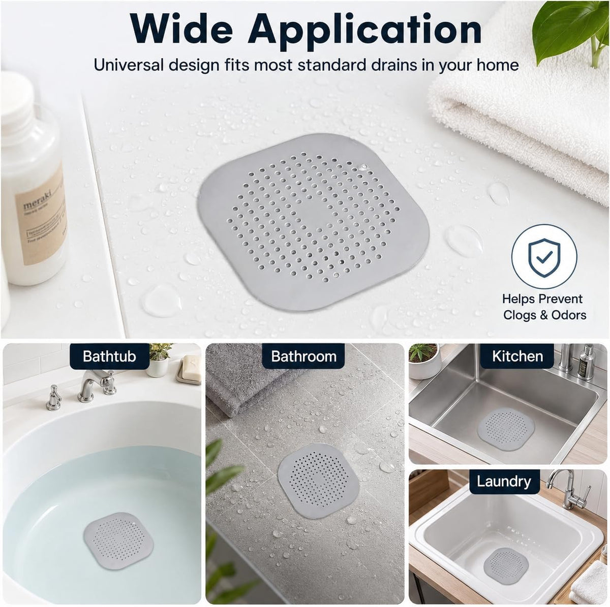 Hair Drain Catcher Set, Square Shower Cover 4-Pack (Grey) | Silicone Hair Stopper with Strong Suction Cups, Bathroom and Sink Protector Accessories, Simple Installation for Tub and Basin