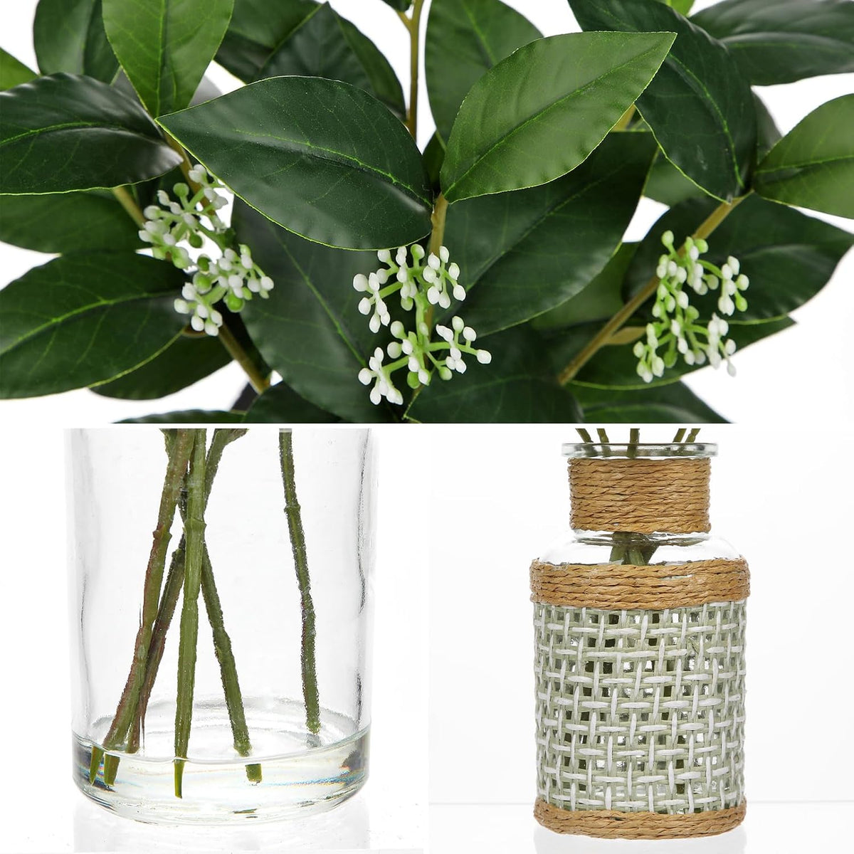 DILATATA 2Pcs Artificial Laurel Stems in Glass Vase with Faux Water and Woven Basket 11" Fake Greenery Plant Bay Leaves for Home Office Farmhouse Bathroom Bedroom Kitchen Table Centerpiece Decor