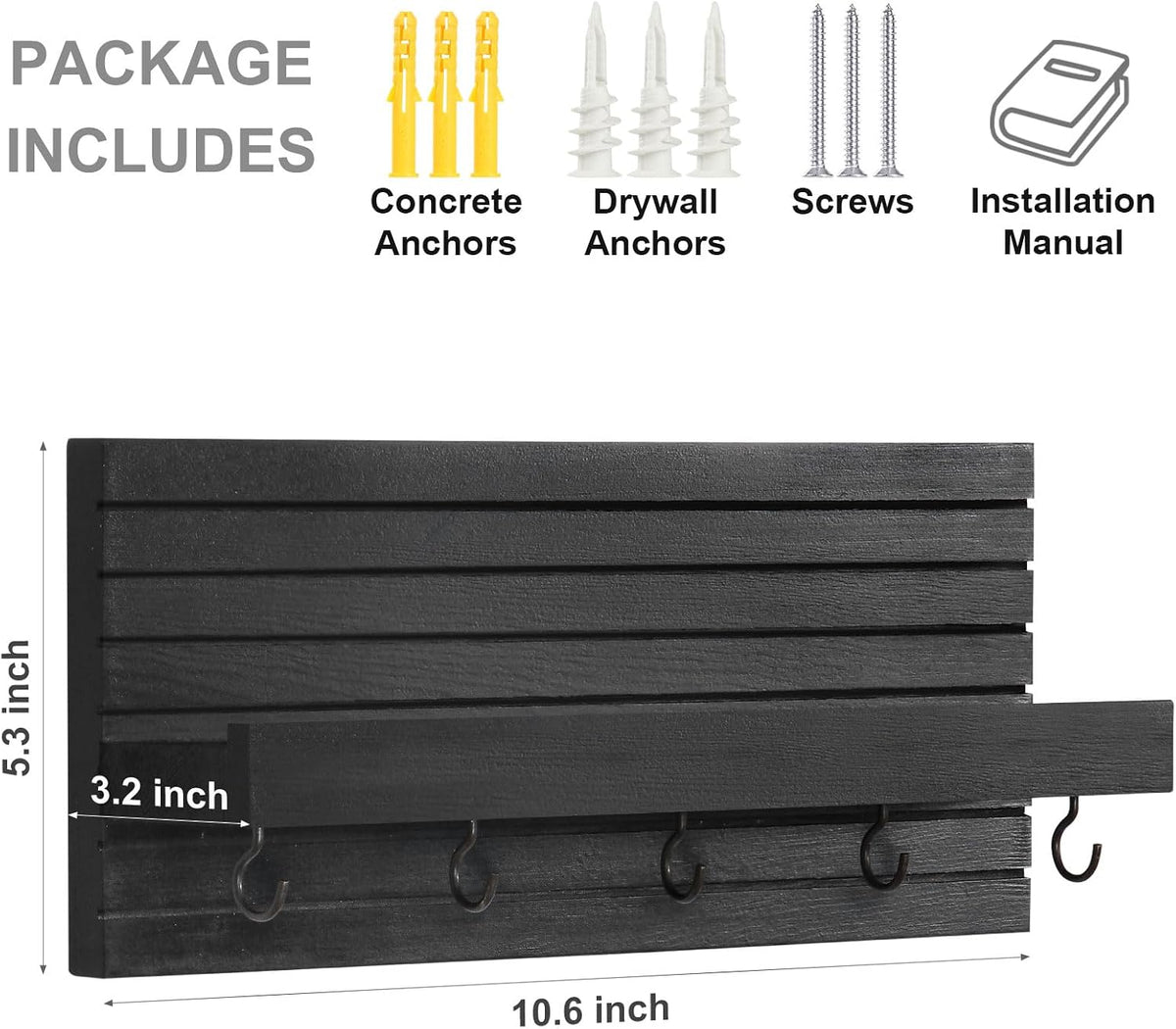 Lwenki Decorative Key Holder for Wall with Shelf, Entryway Shelf with Hooks Holds Leashes, Jackets and Glasses – Sturdy Wood Keyholder Entrance Hanger with Mounting Hardware (Black, Medium)