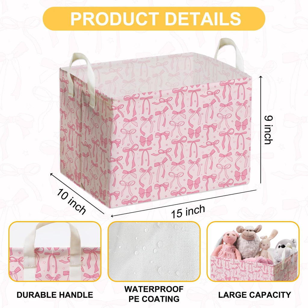 Pink Bow Foldable Storage Bins, Waterproof Toy and Clothes Organizer for Nursery Room, Pink Cute Decorative Fabric Basket for Girls Bedroom, Foldable Gift Box for Game Room, Bow Party Decor