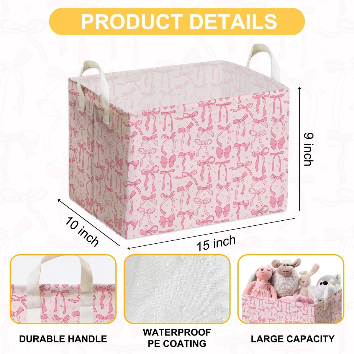 Pink Bow Foldable Storage Bins, Waterproof Toy and Clothes Organizer for Nursery Room, Pink Cute Decorative Fabric Basket for Girls Bedroom, Foldable Gift Box for Game Room, Bow Party Decor