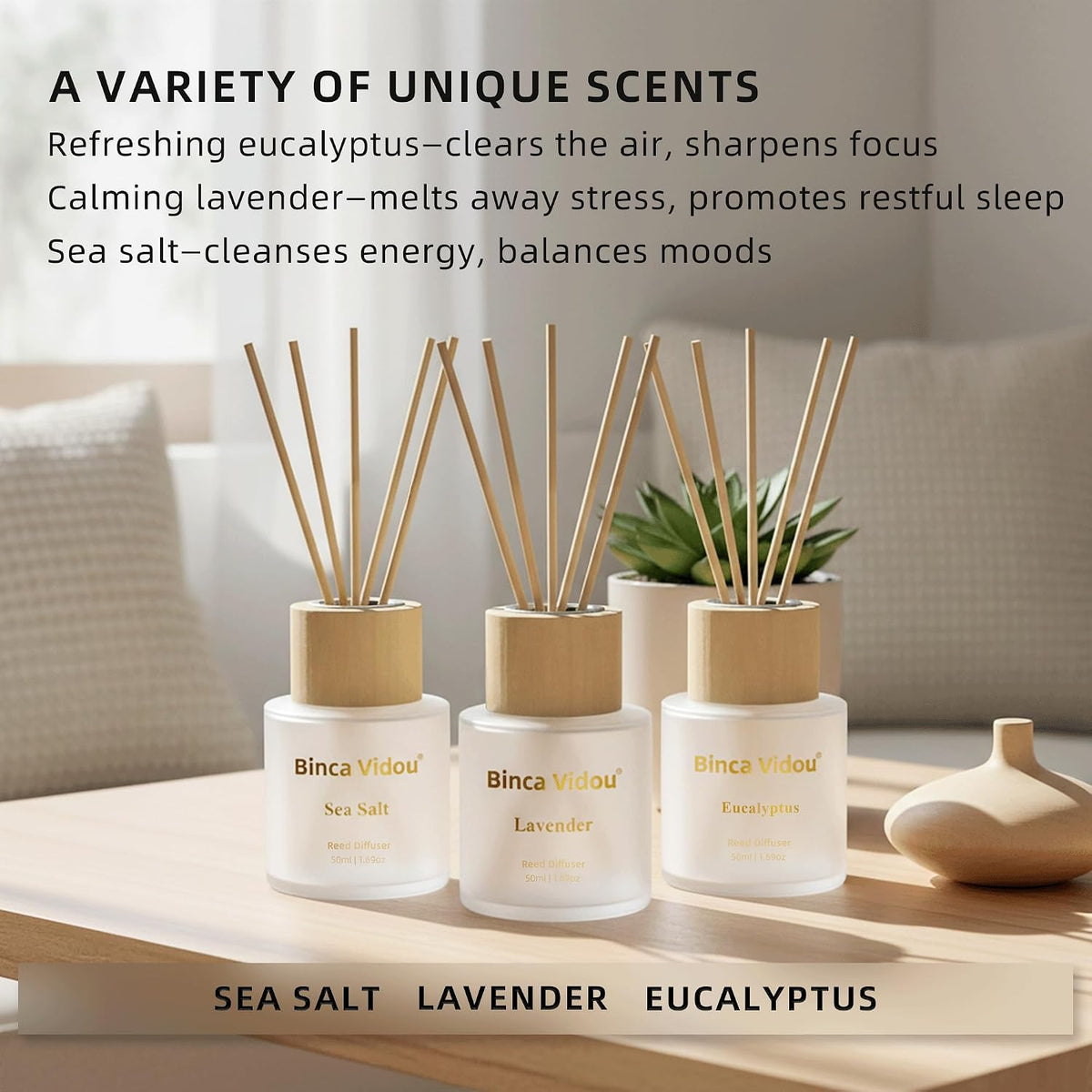 Reed Diffuser Set, Binca Vidou Lavender, Eucalyptus & Sea Salt 1.69oz x 3