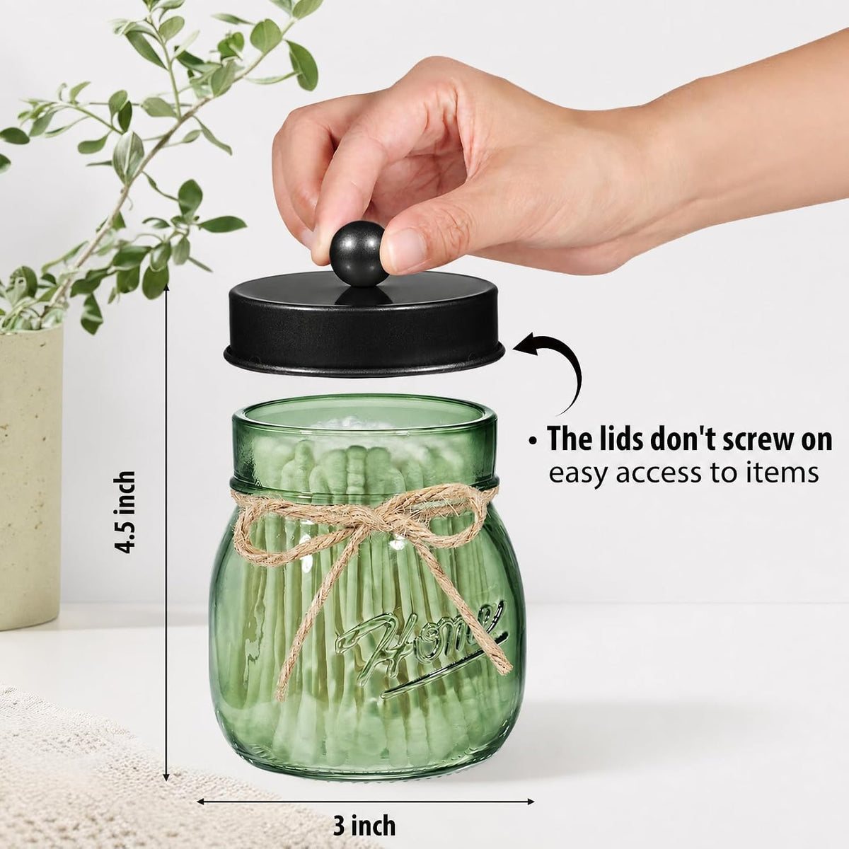 SheeChung 2 Pack Green Glass Mason Jar Qtip Holder Dispenser, Black Lids