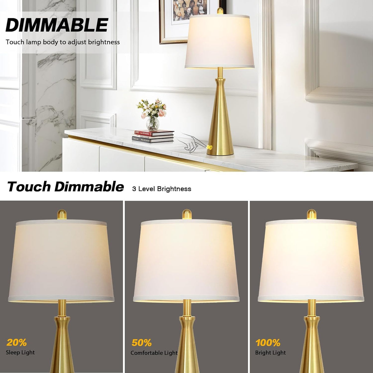 Rinweey 28" Modern Gold Touch Table Lamp Set of 2 for Living Room,Gold Bedside Lamps with USB A+C Ports - Gold Metal Table Lamp Set for Nightstand, End Table - 2 Bulbs Included