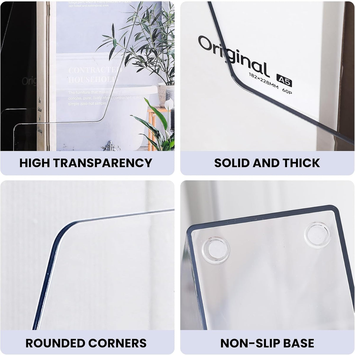 Vertical Magazine File Holder, Clear File Organizer Desk Organizer and Storage Bins Holding for Magazines, Binders, Notebooks, Envelopes, Plastic Office Organization and Storage for Desk, 4 Pack