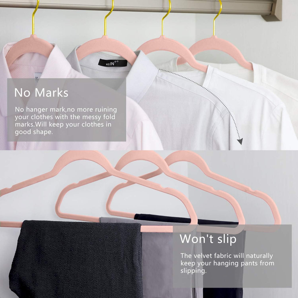 MIZGI Premium Velvet Hangers (Pack of 50) Heavyduty - Non Slip - Velvet Suit Hangers Blush Pink - Gold Hooks,Space Saving Clothes Hangers Felt Organizer